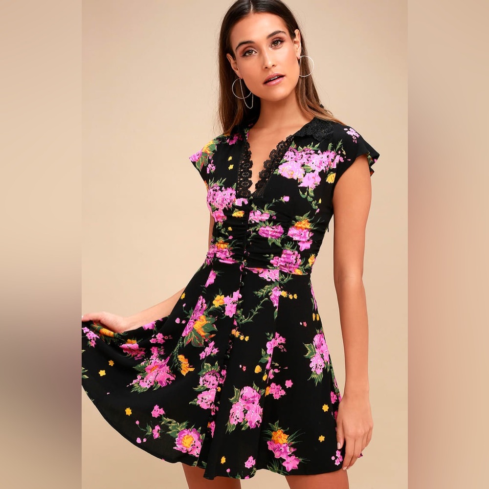 Free People Black Floral Mini Dress with Pink & Yellow Flowers